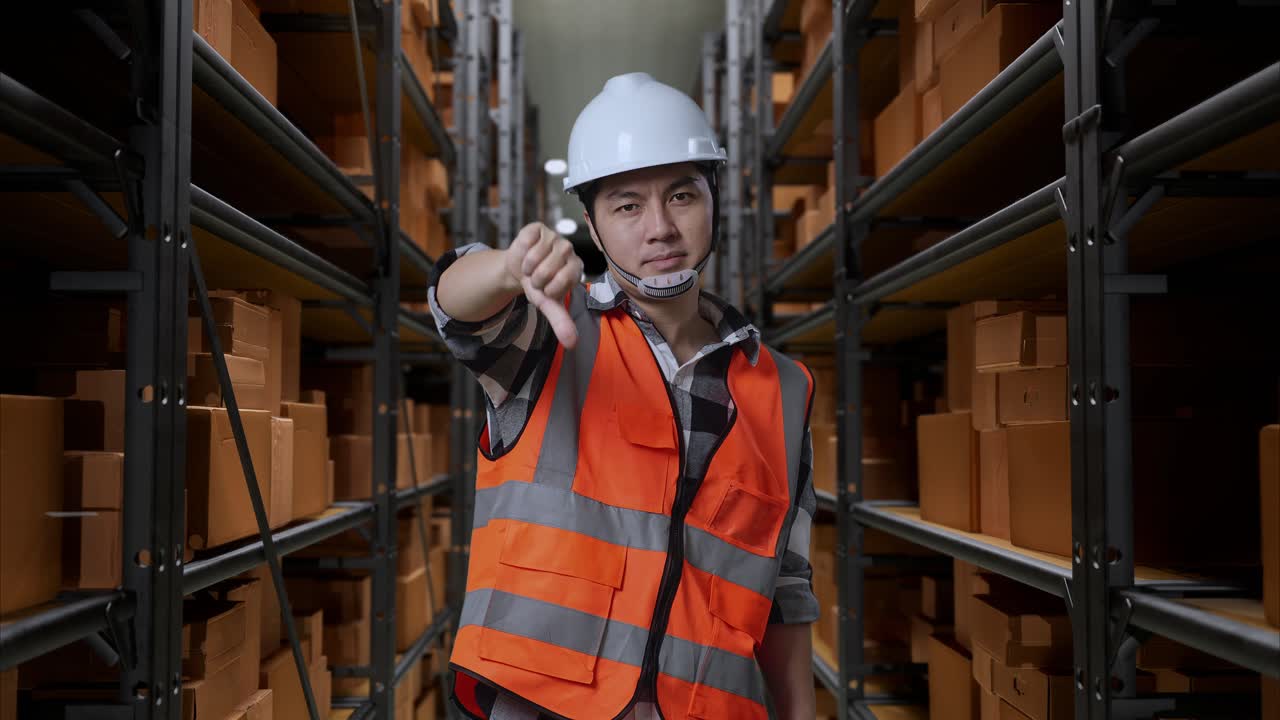 안전 헬을 입은 아시아 남성 엔지니어가 배달 물품으로 가득 찬 선반과 함께 창고에 서 있습니다.