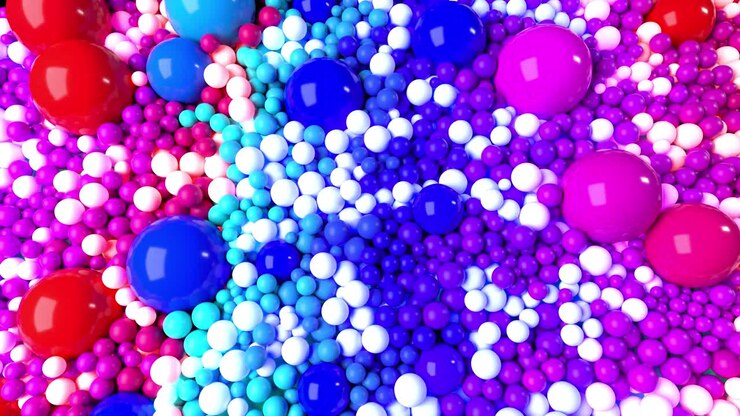 Animazione 3D in loop con sfere o palline luminose, belle, piccole e grandi come sfondo astratto festivo. Composizione colorata di sfere.