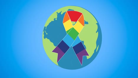 animation of rainbow ribbon with globe on blue background