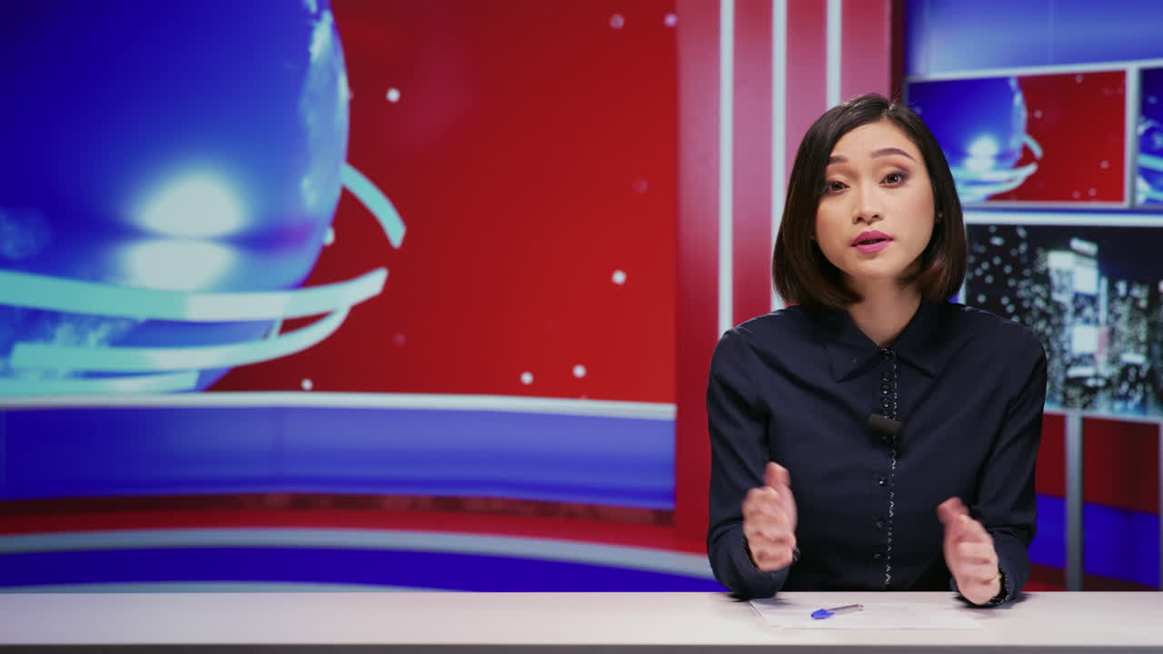 뉴스 헤드라인을 다루는 아시아 기자