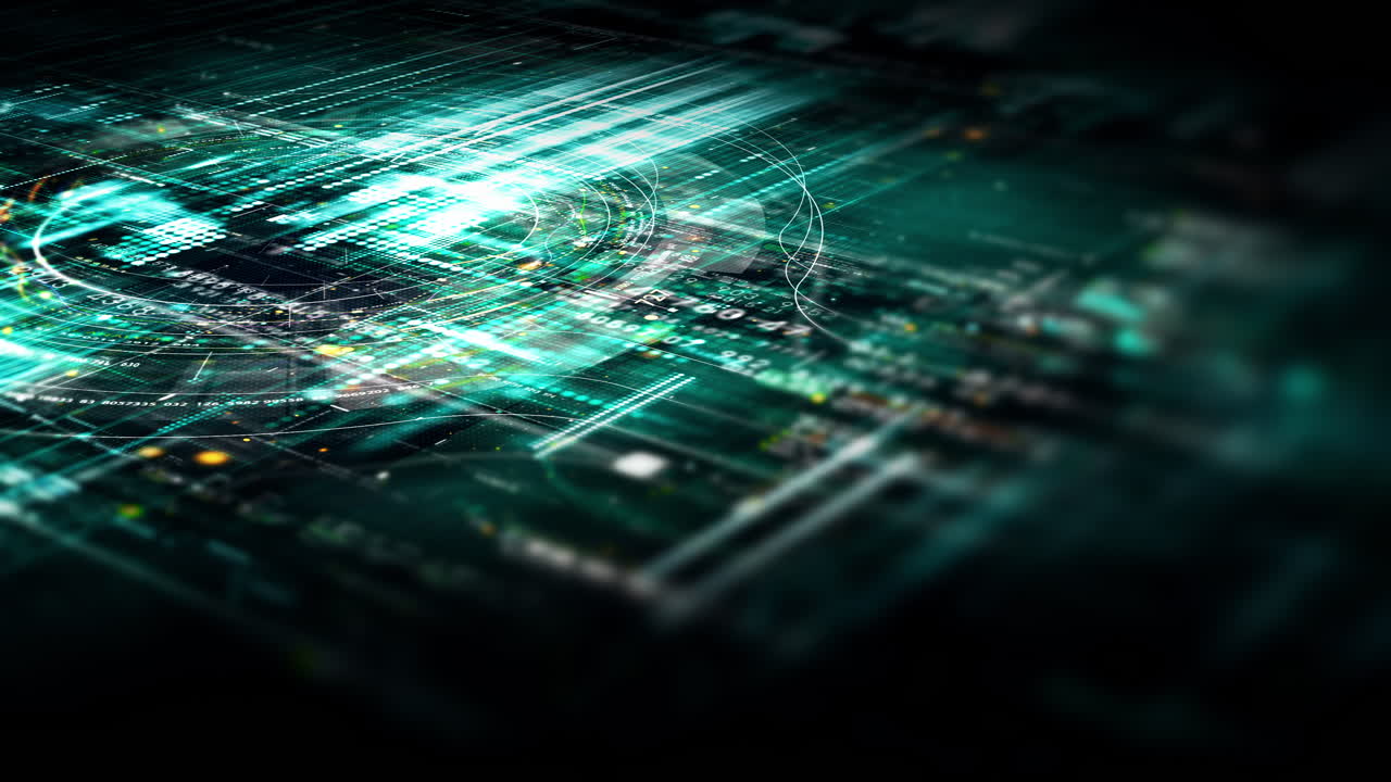 Futuristic abstract de-focus data matrix, meta, metaverse, telemetry and encrypt numbers display with particles simulation in cyber space environment for head up display background
