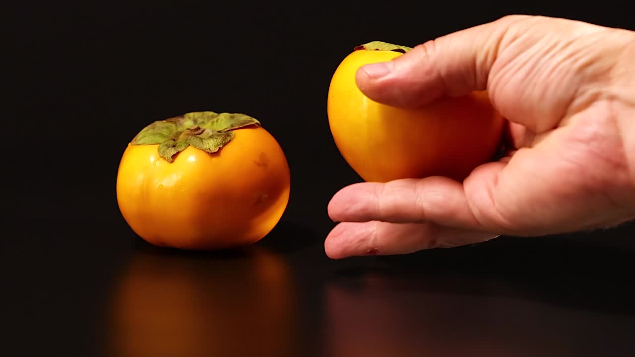 En hånd tager forsigtigt to modne persimmoner op og undersøger dem på en mørk baggrund.