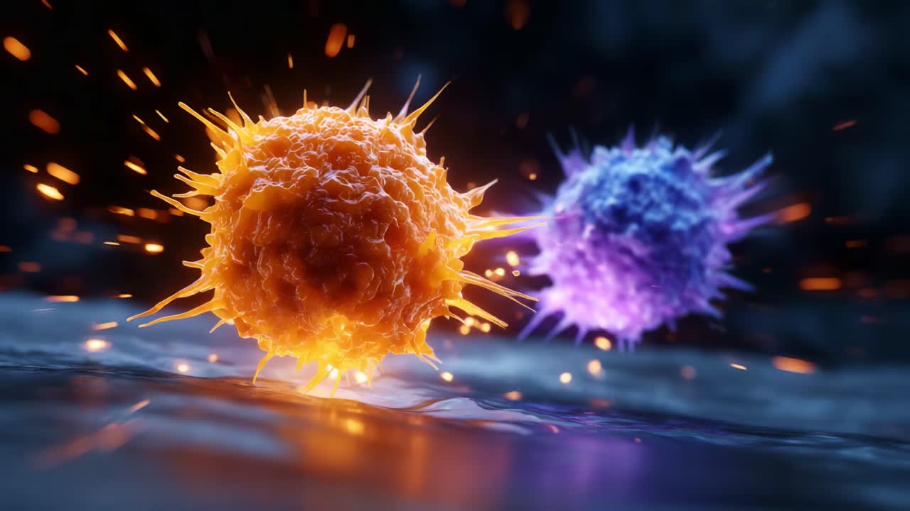 Interazione dinamica di forme microbiche colorate che rappresentano cellule immunitarie impegnate in un ambiente fluido ricco di energia e movimento in una vivace rappresentazione