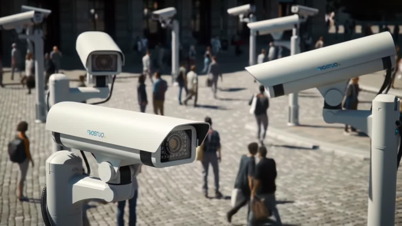 Surveillance Cameras Installed in a Public Space Observing Pedestrians as They Move Around, Showcasing Urban Security Measures and Technology in Action