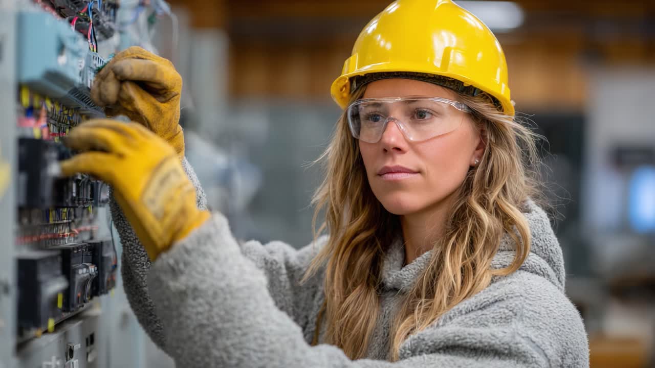 Skilled Technician Focused on Electrical Panel Work in Industrial Setting, Wearing Safety Gear and Demonstrating Precision in Her Craft