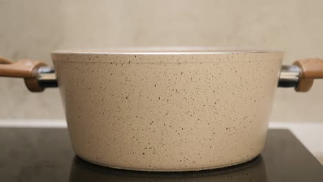 close up of a white pot with black speckles on a black stovetop