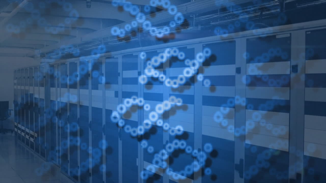 DNA strand and binary coding, scientific data processing animation over servers