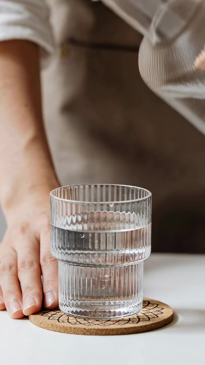 Video verticale: Caraffa che si inclina, adulto in grembiule che sostiene il palmo mentre riempie un bicchiere a coste su un sottobicchiere