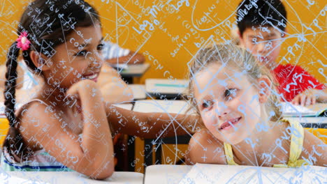 mathematical equations and graphs animation over children studying in classroom