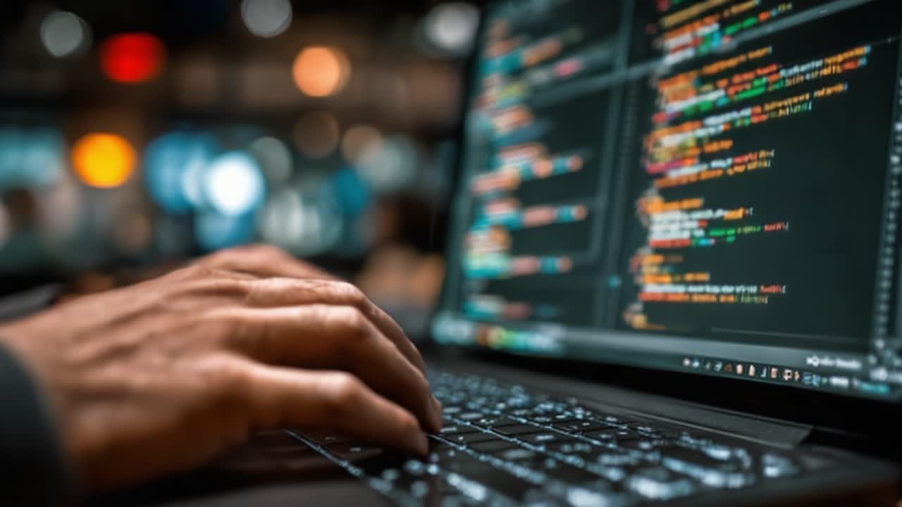 A Focused Programmer Engaged in Coding on High-Tech Laptop, Surrounded by Blurred Lights, Showcasing the Art of Software Development and Creativity