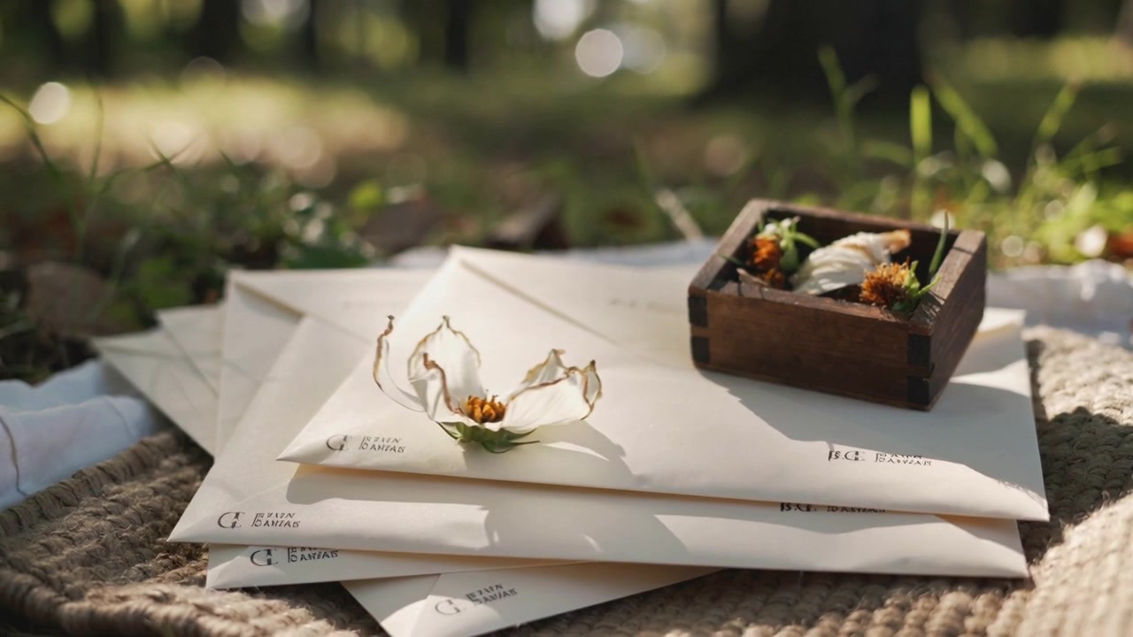 Stirring breeze moving white flower across cream envelopes on mat in park, revealing wooden box