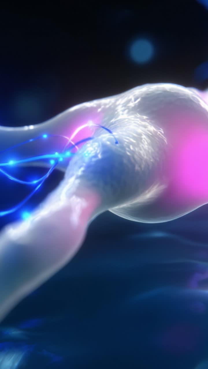 Intricate Close-Up of a Luminous Cell with Bioluminescent Tendrils in an Ethereal Liquid Atmosphere, Highlighting the Mysteries of Cellular Processes and Interactions