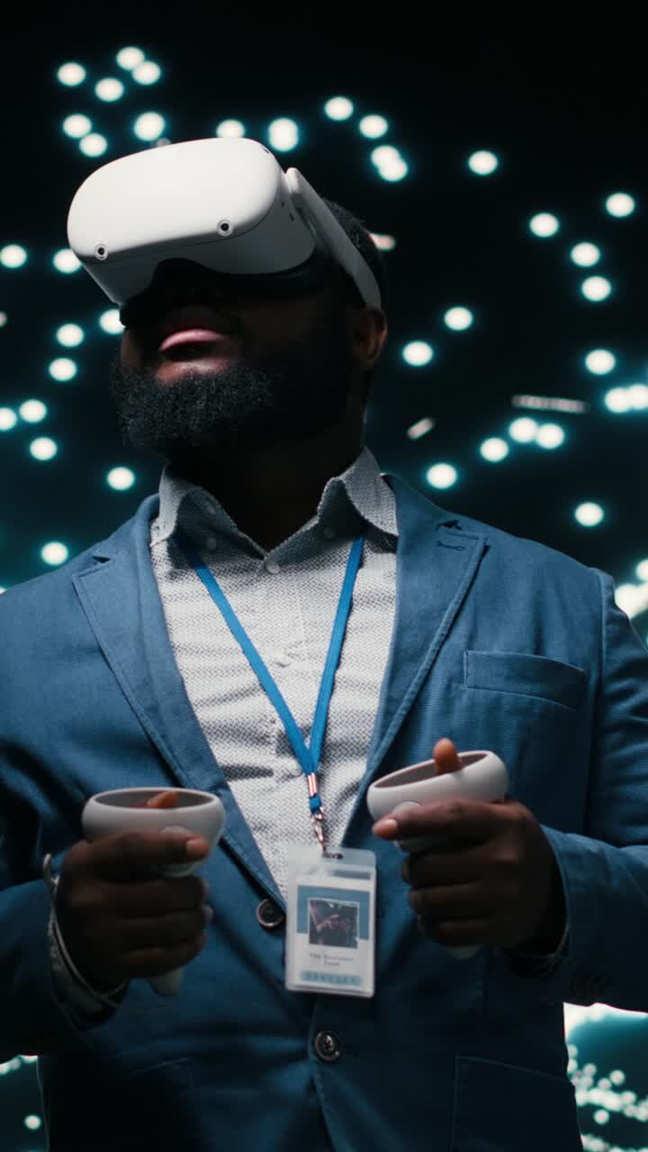 Vertical video Software developer monitoring AI cognitive systems using VR headset gear