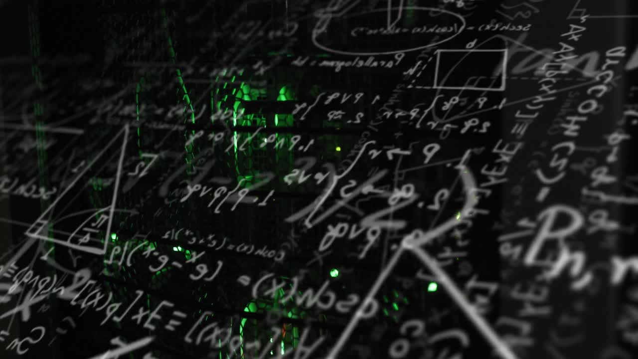 Animation of mathematical equation and diagrams against illuminated server rack in server room