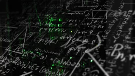 animation of mathematical equation and diagrams against illuminated server rack in server room