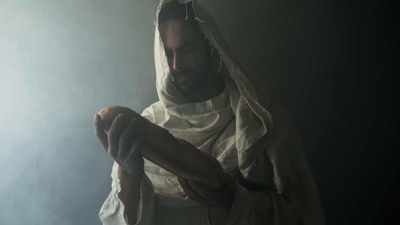 Jesus Christ in white robe holding bread as he stands in glowing, bright light. Perfect for representation of Jesus as the bread of life, last supper, communion, the gospel, Christian sacraments.