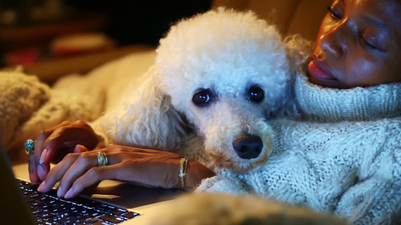 Cozy Evening at Home: A Woman and Her Adorable Poodle Relaxing Together While Engaged with a Laptop, Embracing the Comfort of Companionship Under Soft Lighting
