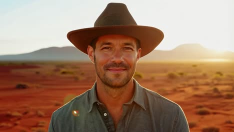 man in a hat smiling at the camera in the desert