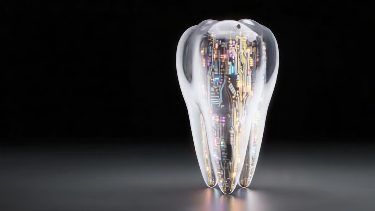 Futuristic Tooth: A Stunning Representation of Dental Innovation Melding Organic Form with Cutting-Edge Technology in a Visually Striking Design