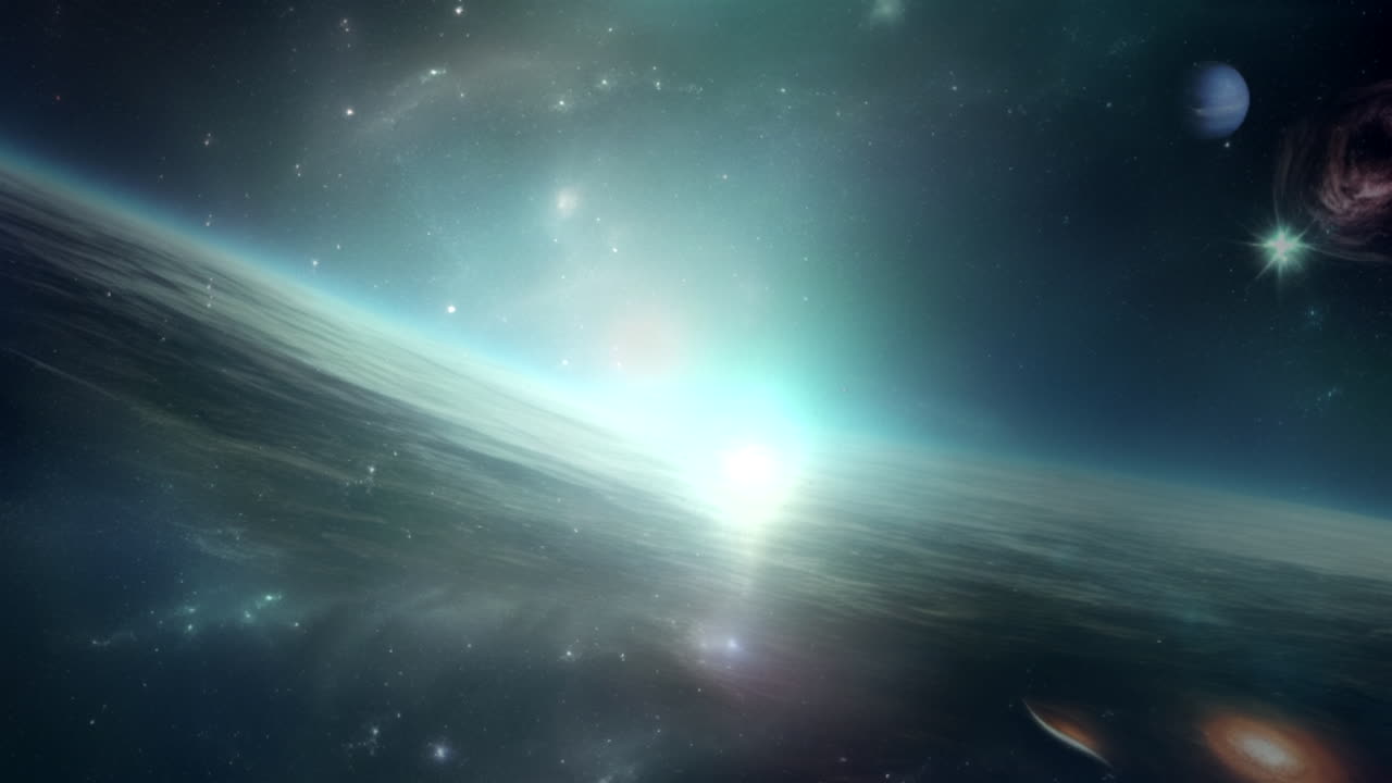 Una vista fantastica dell'universo con galassie piene di pianeti e stelle luminose, con polvere spaziale e luci d'aurora.