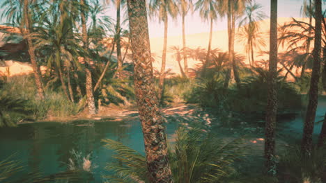 oasis en el desierto al atardecer