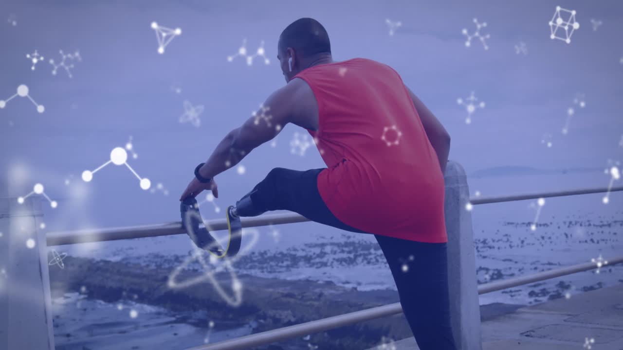 animación de redes de comunicación sobre atleta masculino con cuchilla de correr estirándose al aire libre