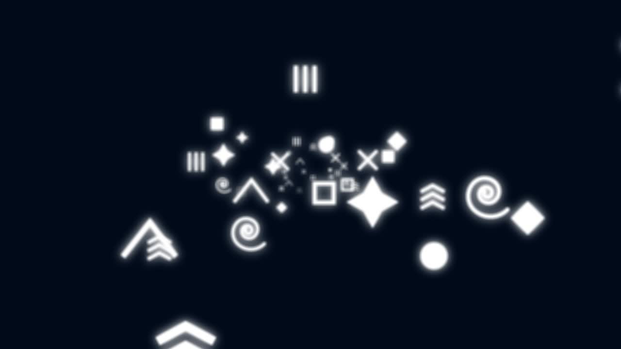 색 네온 기하학 아이콘을 통해 루프 비행 애니메이션.