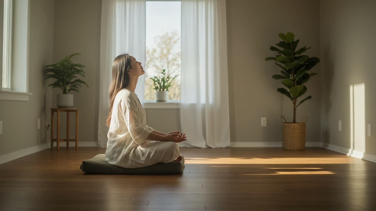 A Serene Moment of Mindfulness and Meditation in a Tranquil Space with Natural Light and Greenery, Capturing the Essence of Inner Peace and Stillness