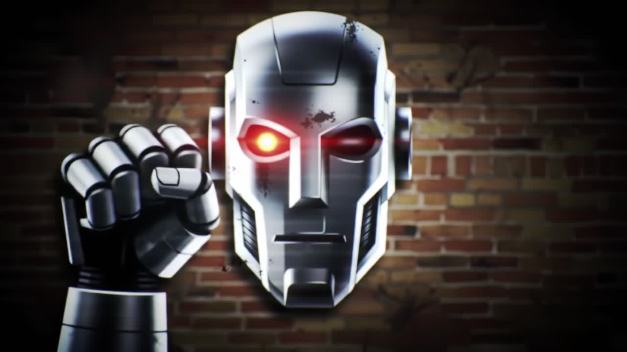 A robotic face with luminescent red eyes and a metallic finish conveys a sense of power and intensity, depicted in a stylized animation over a brick wall background