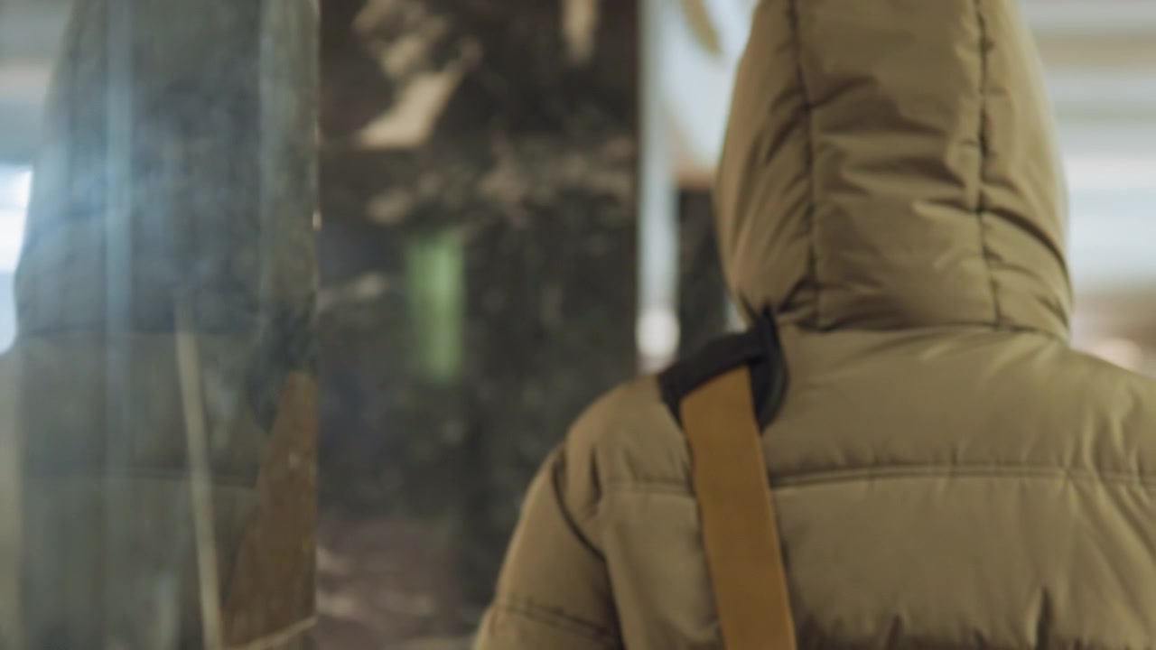 Back view hooded commuter marble corridor, shoulder strap visible, slow walk past polished pillars and reflective glass, muted lighting and cinematic grain, urban transit mood, cold puffer jacket
