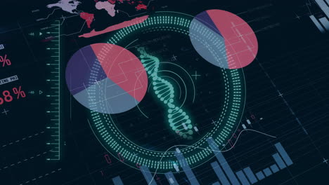 Animation-of-dna-strand,-data-processing-over-world-map