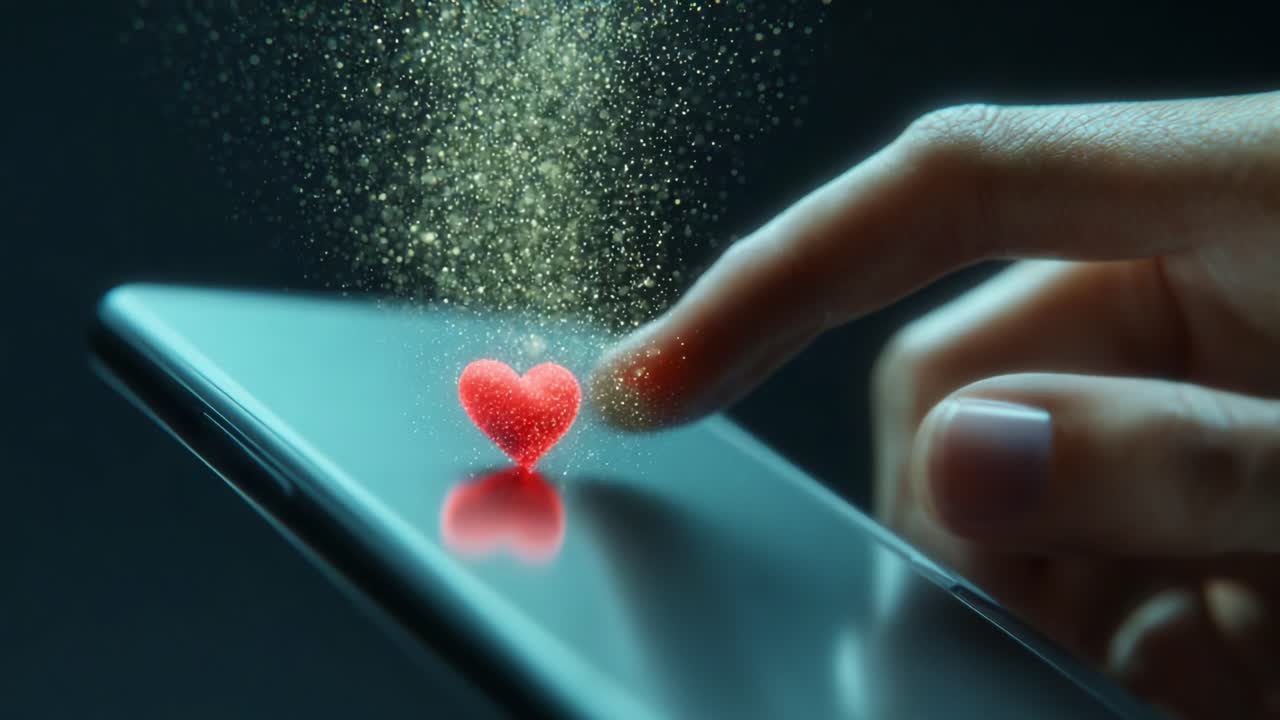 A hand gently touches a smartphone screen, releasing a sparkling heart-shaped digital effect, symbolizing love, connection, and the magic of technology in our daily lives