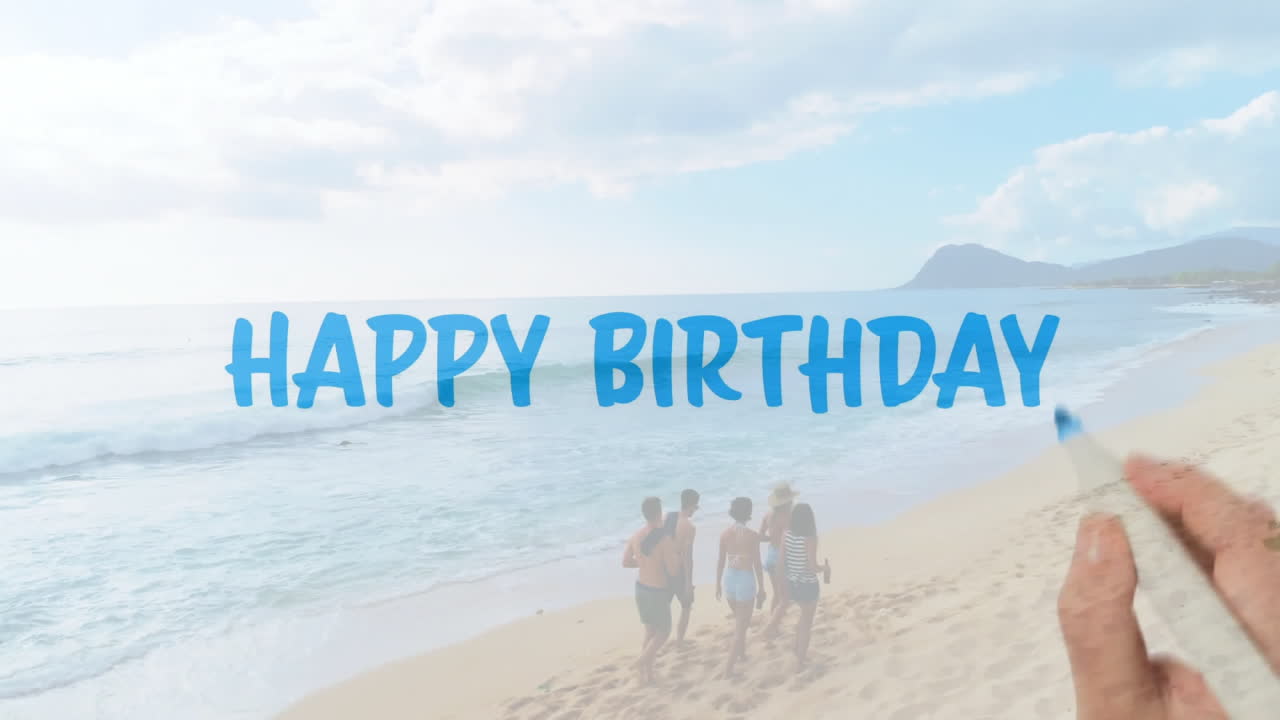 Happy text animation over group of people enjoying beach scenery