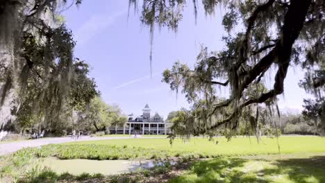 Weitwinkelaufnahme-Durch-Die-Lebenden-Eichen-Der-Magnoliengärten-In-Charleston,-South-Carolina