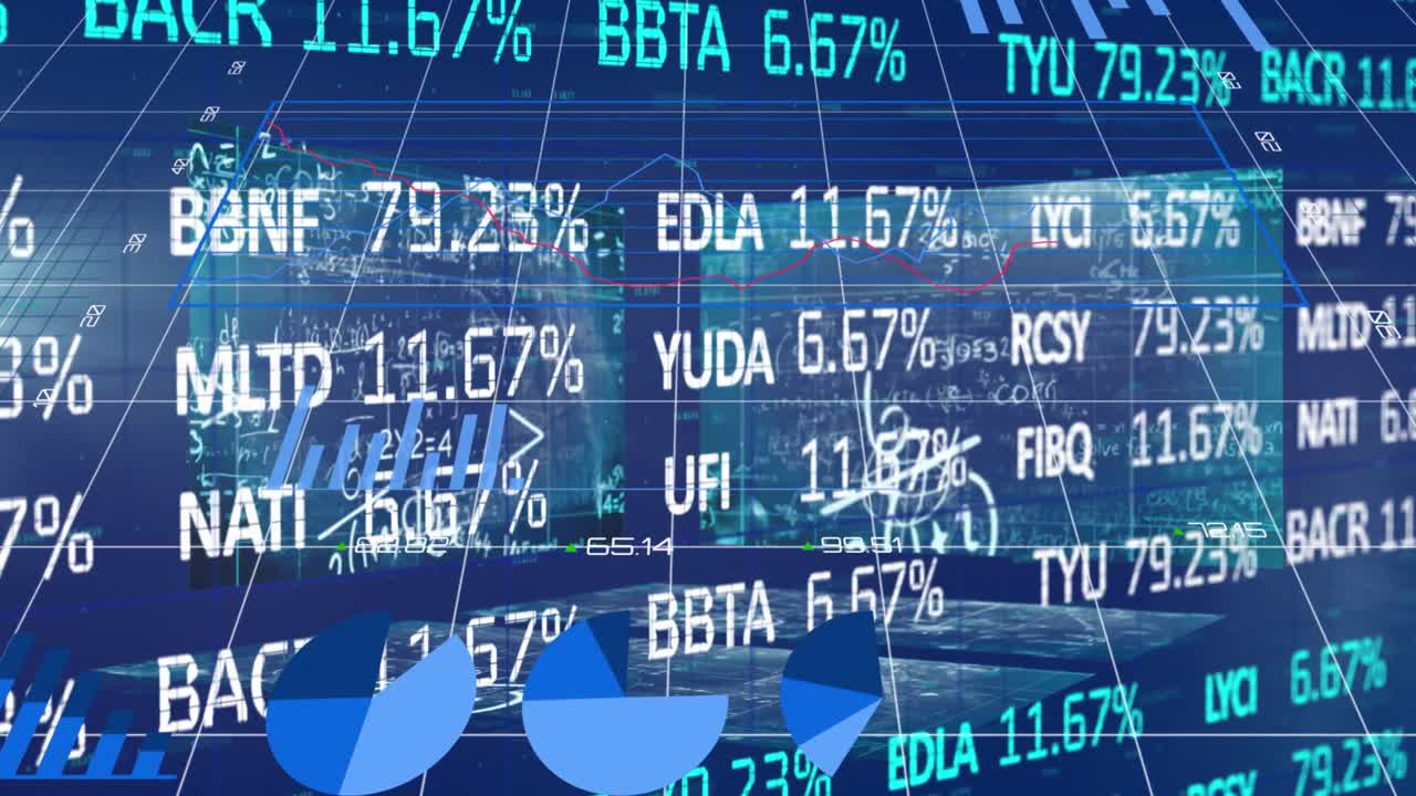 검은색 바탕에 수학적 방정식에 대한 금융 데이터 처리의 애니메이션