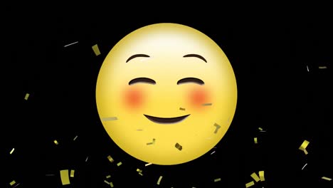 Animation-of-gold-falling-over-smiling-emoji-on-black-background