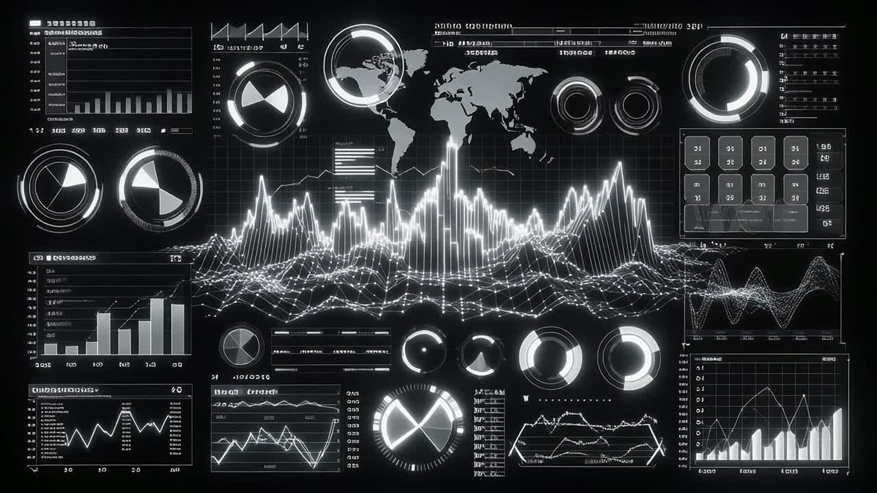 Futuristic Digital Interface with Data Visualization and World Map
