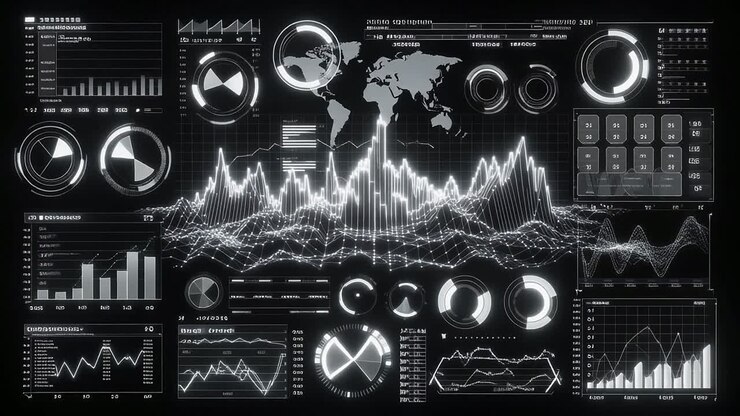 Futuristisk digitalt grensesnitt med datavisualisering og verdenskart