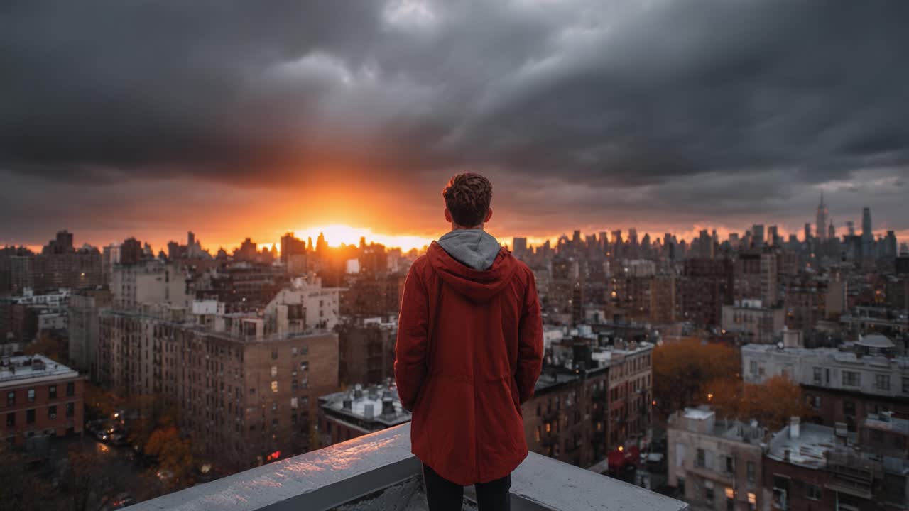 A Dramatic Sunset Over a City Skyline: A Sole Figure in a Red Coat Observing the Vibrant Hues of Dawn from a Rooftop Amidst Darkening Skies
