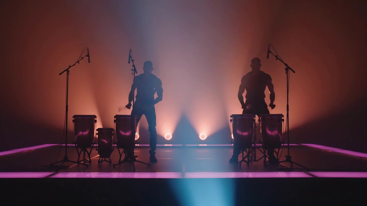 Drummend duo in donkere kleding op het podium na lichtsignaal voor de finale, met drumstokken en rook