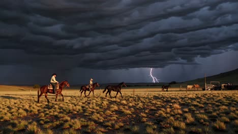 cowboys and cowgirls riding horses during a storm