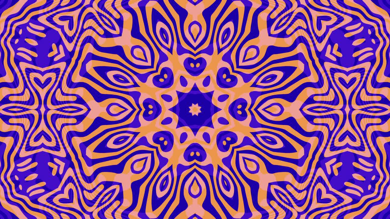 Vibrant Psychedelic Kaleidoscope Loop Animation: Symmetrical Pattern with Flowing Lines and Contrasting Colors, Seamlessly Looping Motion Background