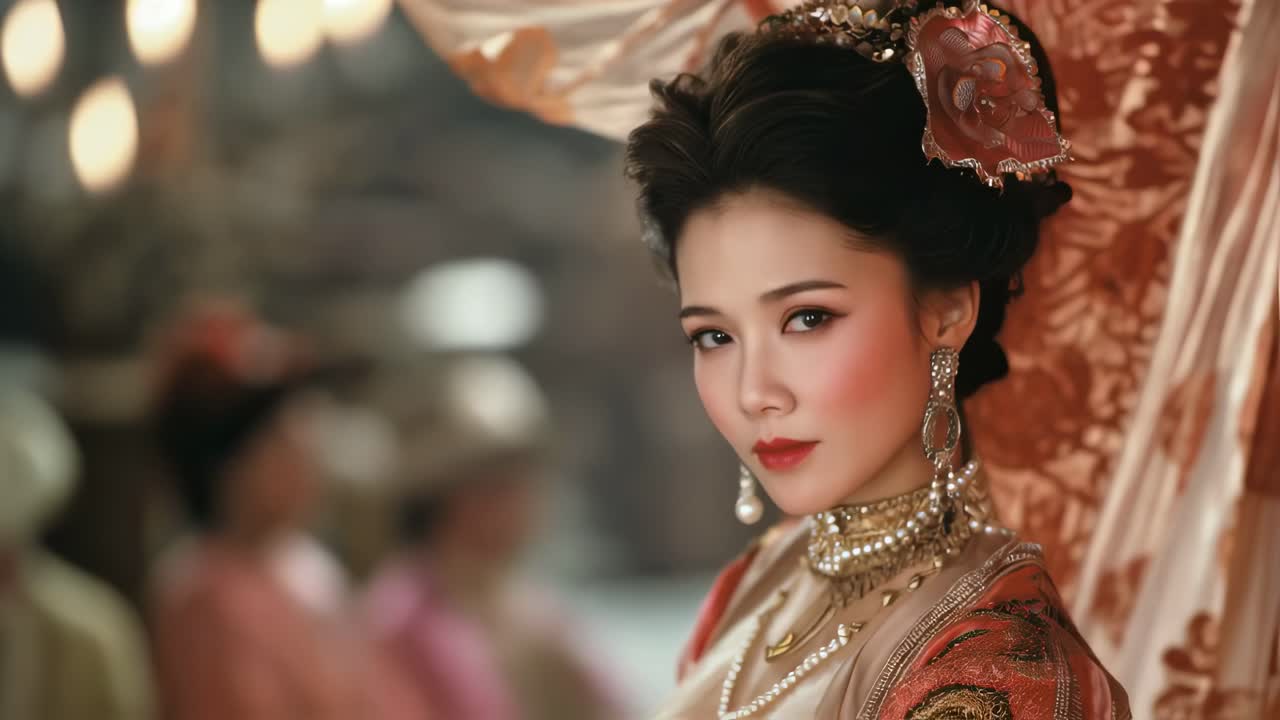 Imperial concubine wearing ornate headdress, witnessing court dancers performing gracefully within luxurious palace interior, highlighting traditional Chinese royal court culture
