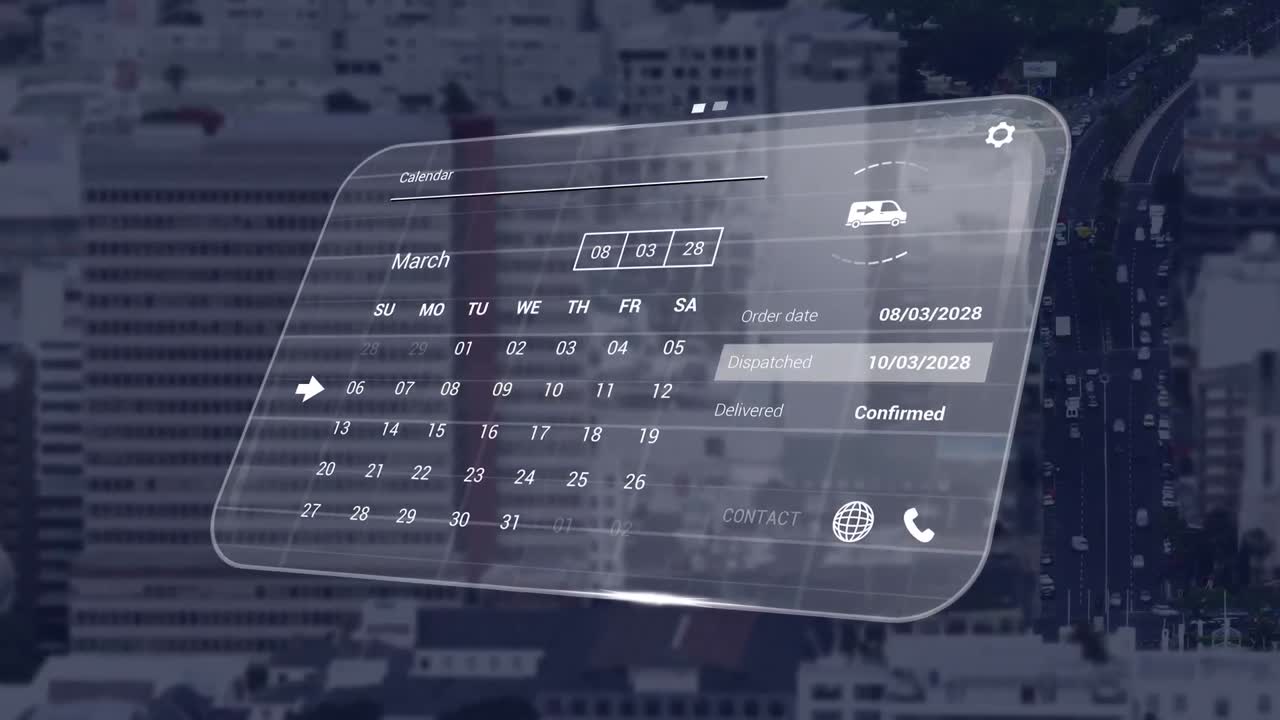 Animation of digital interface with icons and data processing over cityscape