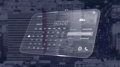 animación de la interfaz digital con íconos y procesamiento de datos sobre el paisaje urbano