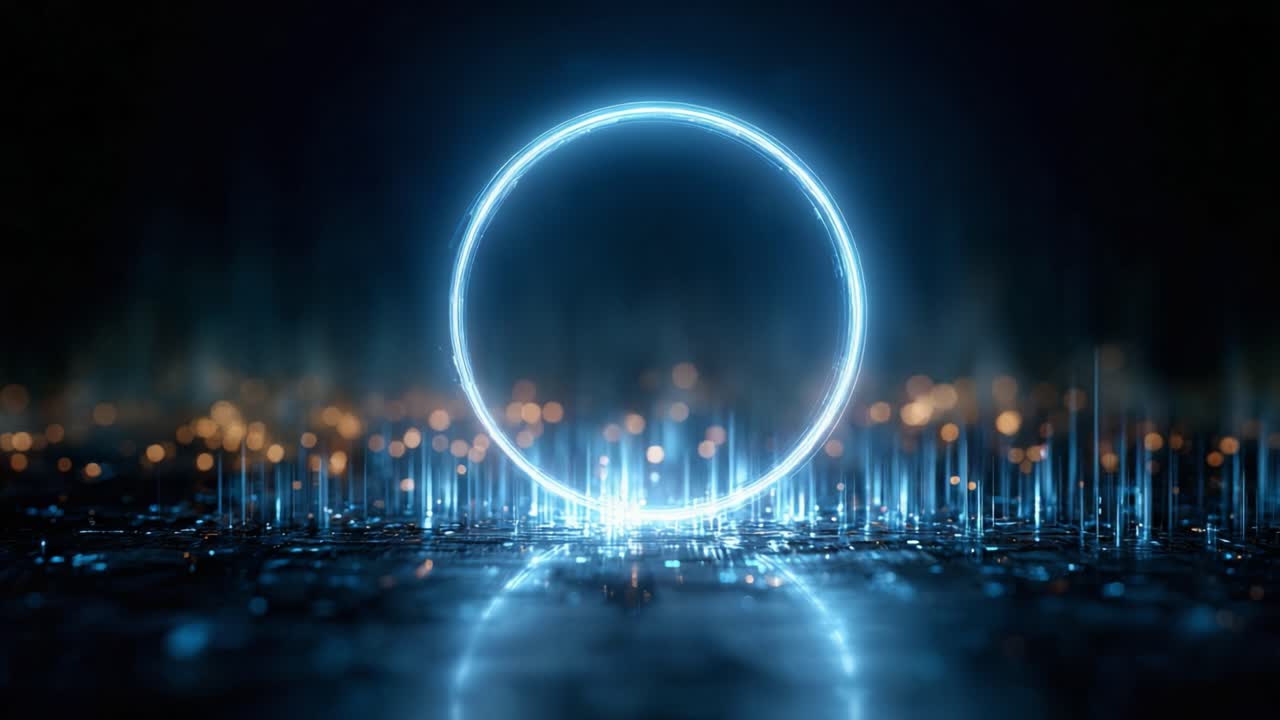 A mesmerizing blue glowing circular portal emanating from a digital landscape filled with vibrant light spikes and reflections, creating a stunning visual experience