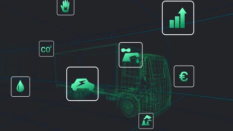 animación de camión de marco de alambre 3d con símbolos de aumento del precio del combustible en la pantalla gráfica de la computadora