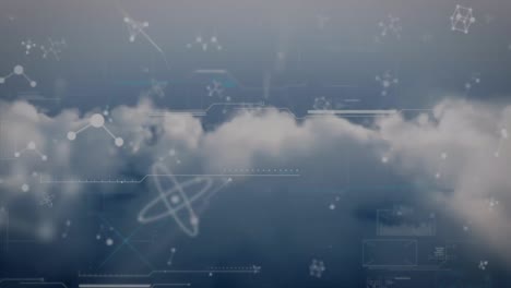 estructuras moleculares flotando contra las nubes en el cielo azul