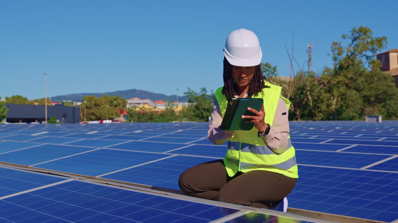 Engineer Inspecting Solar Panels with Tablet