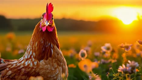 a rooster standing in a field of flowers at sunset